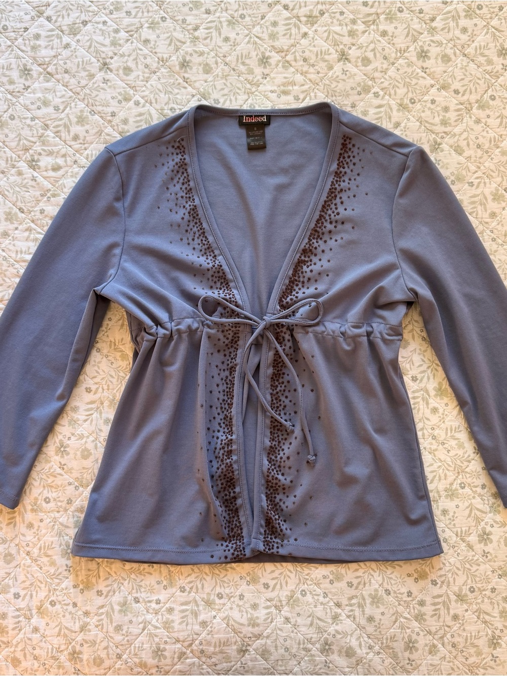 Y2k Indeed blue cardigan with beaded detail and babydoll tie-front